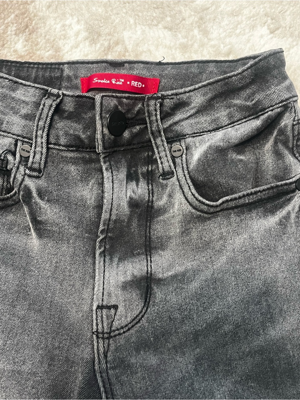 Smoke Rise RED Distressed Frayed Raw Hem Black Wash Jeans Size 24x27